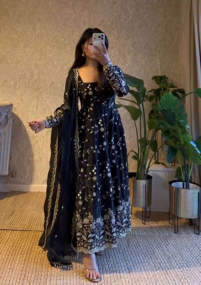 Black Thread Work Georgette Salwar Suit - Indya
