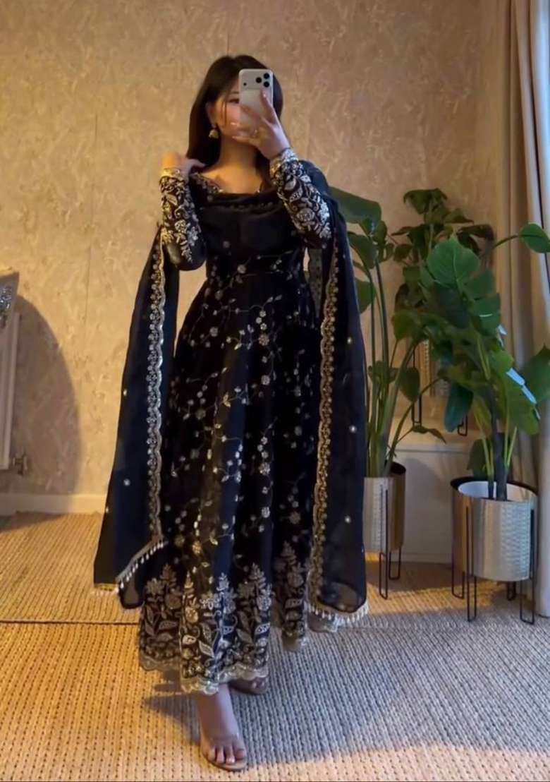 Black Thread Work Georgette Salwar Suit - Indya