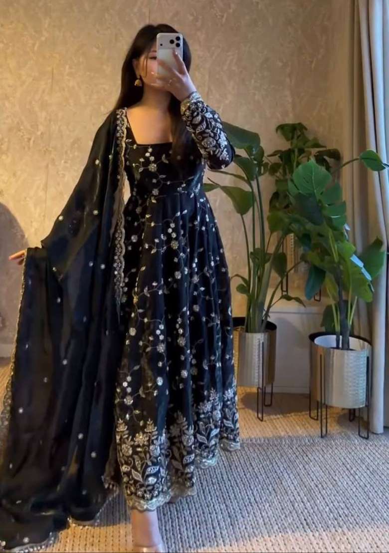 Black Thread Work Georgette Salwar Suit - Indya