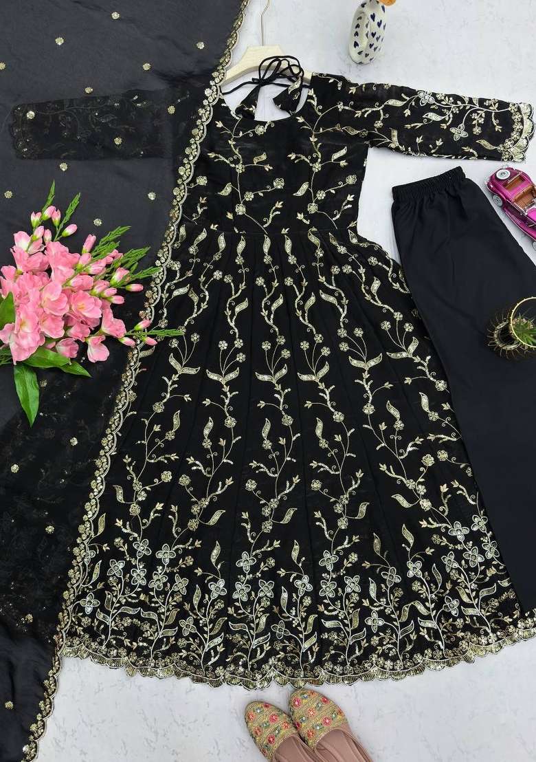 Black Thread Work Georgette Salwar Suit - Indya