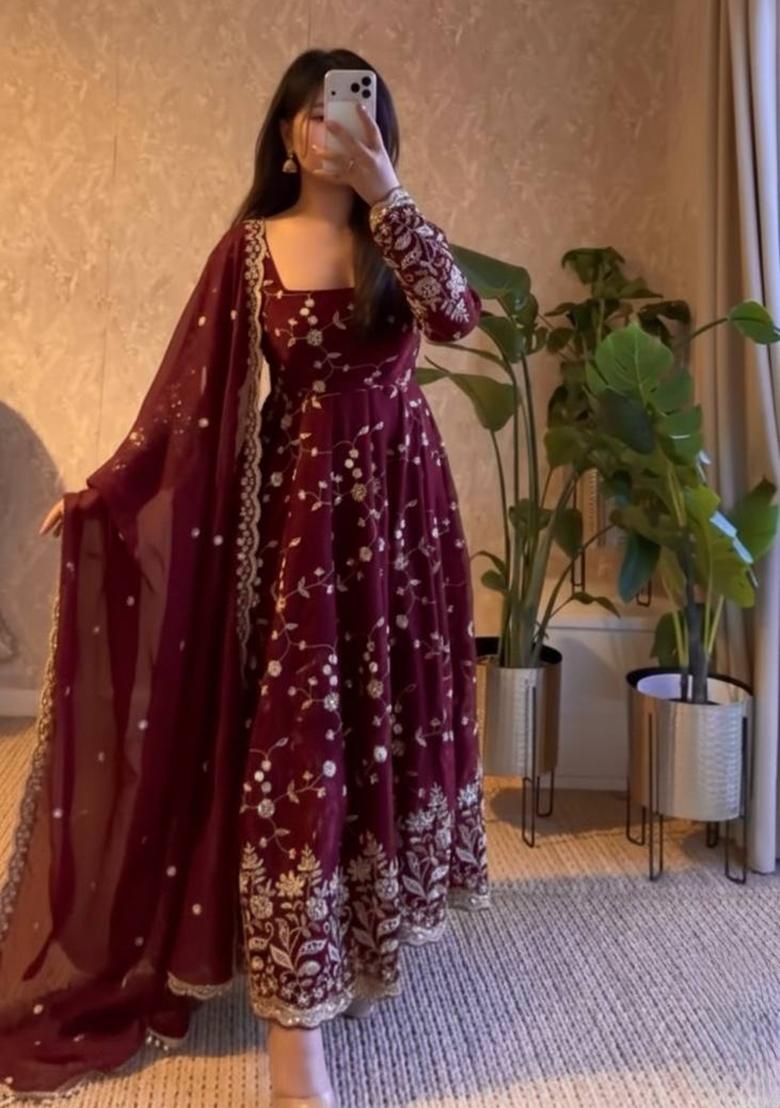 Maroon Thread Work Georgette Salwar Suit - Indya