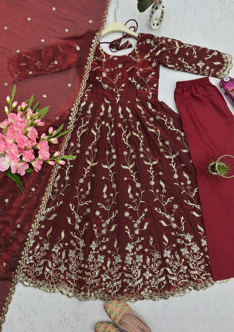 Maroon Thread Work Georgette Salwar Suit - Indya