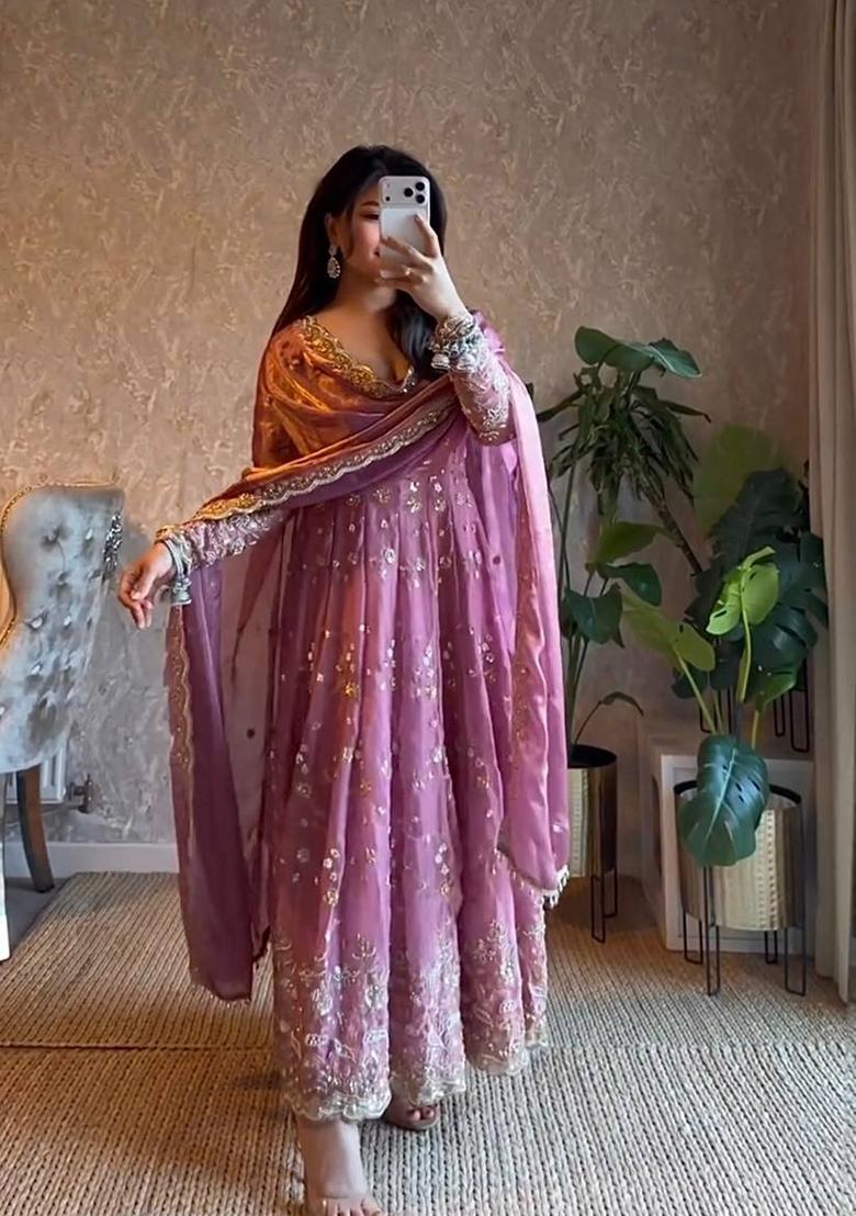Pink Thread Work Georgette Salwar Suit - Indya