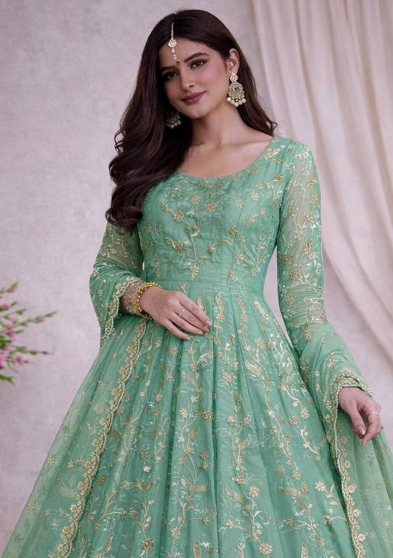Teal Thread Work Georgette Salwar Suit - Indya