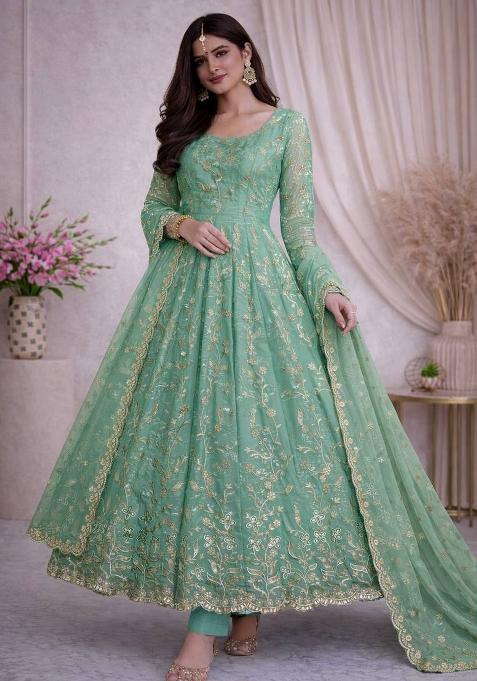 Teal Thread Work Georgette Salwar Suit — view on Indya