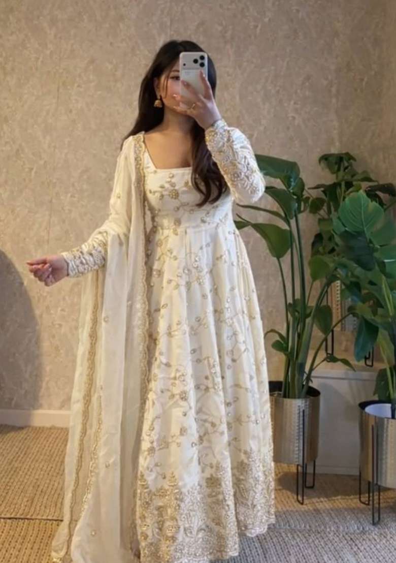 White Thread Work Georgette Salwar Suit - Indya