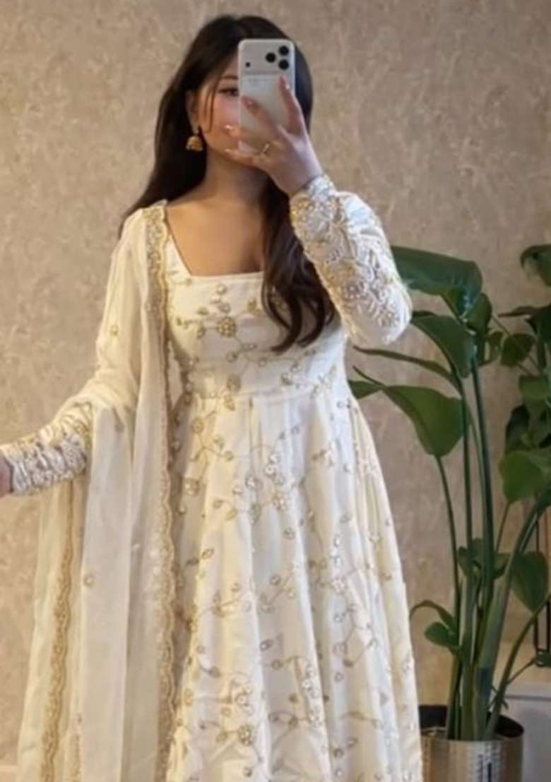 White Thread Work Georgette Salwar Suit - Indya