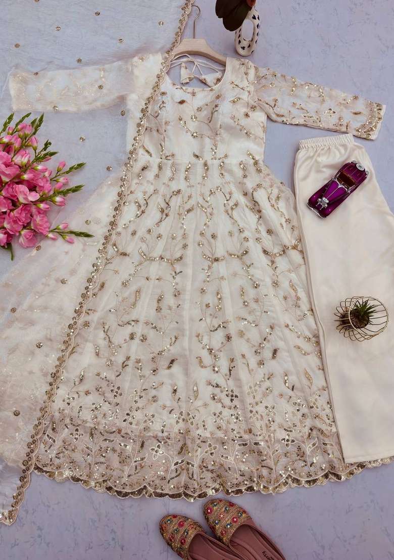 White Thread Work Georgette Salwar Suit - Indya