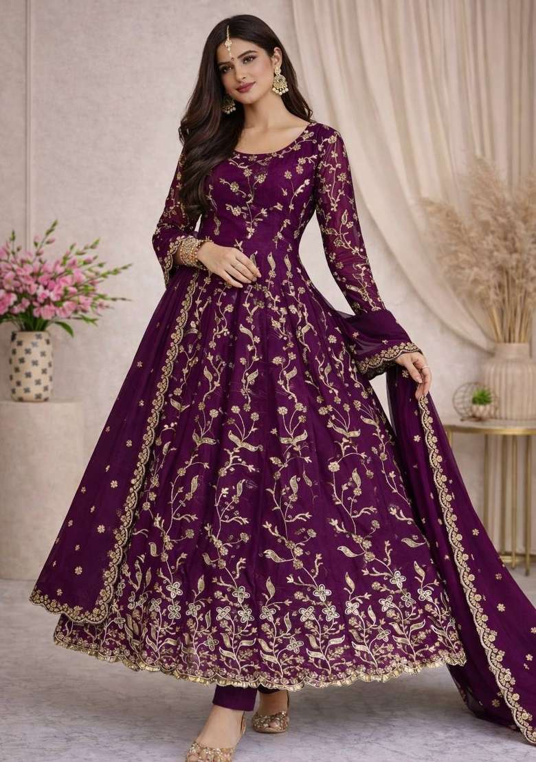 Wine Thread Work Georgette Salwar Suit - Indya