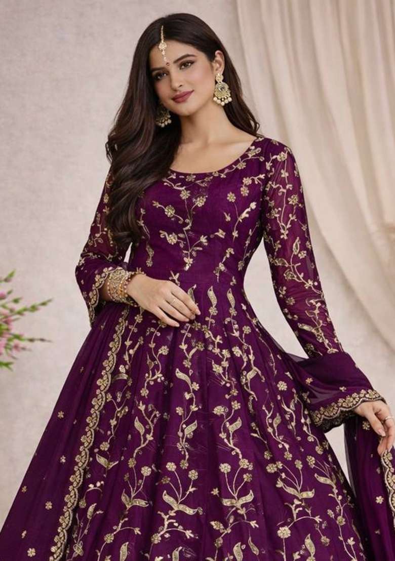 Wine Thread Work Georgette Salwar Suit - Indya