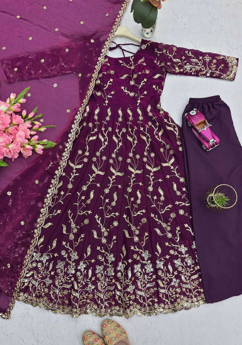 Wine Thread Work Georgette Salwar Suit - Indya