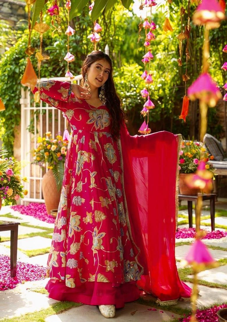 Rani Pink Thread Work Georgette Salwar Suit - Indya