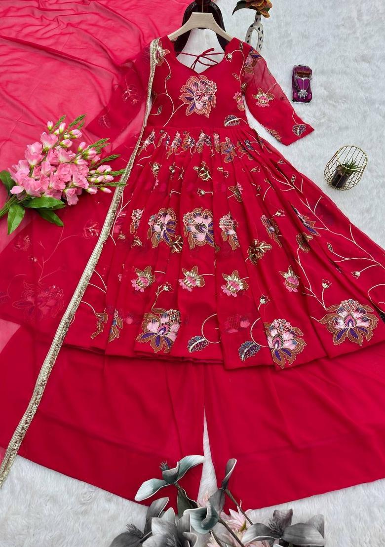 Rani Pink Thread Work Georgette Salwar Suit - Indya