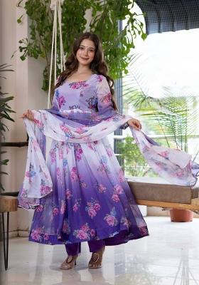 Lavender Floral Print Organza Anarkali Suit