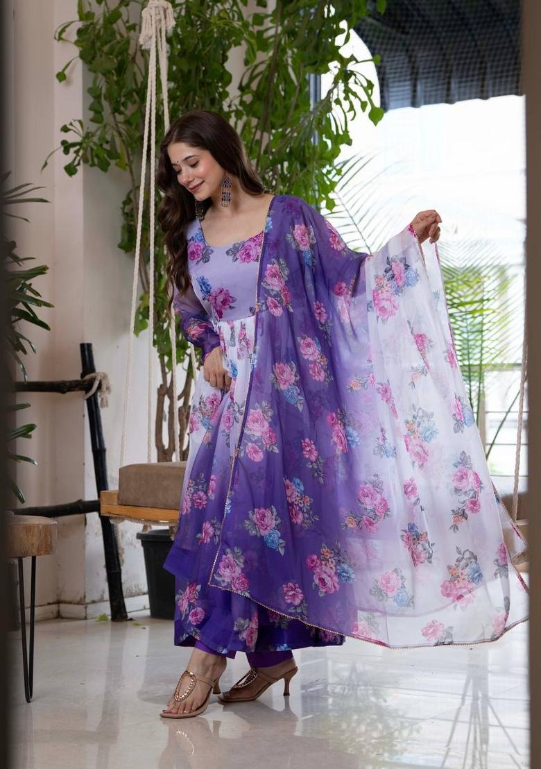 Lavender Floral Print Organza Anarkali Suit - Indya