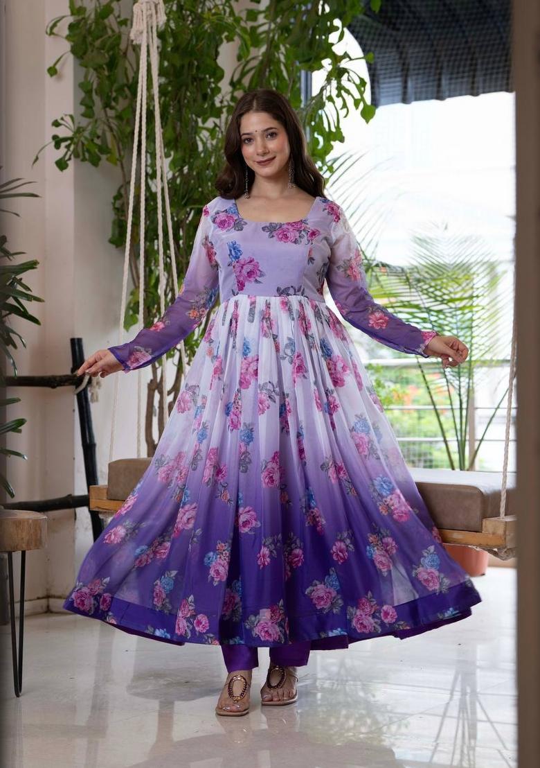 Lavender Floral Print Organza Anarkali Suit - Indya