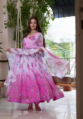 Pink Floral Print Organza Anarkali Suit