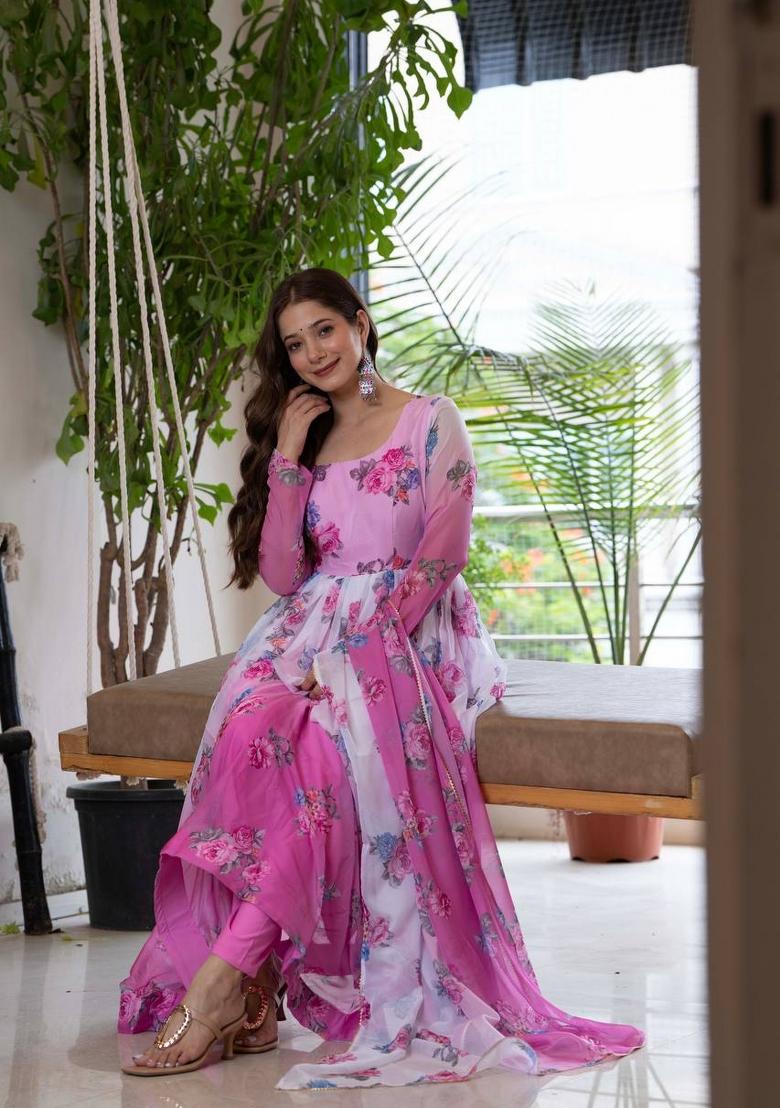 Pink Floral Print Organza Anarkali Suit - Indya