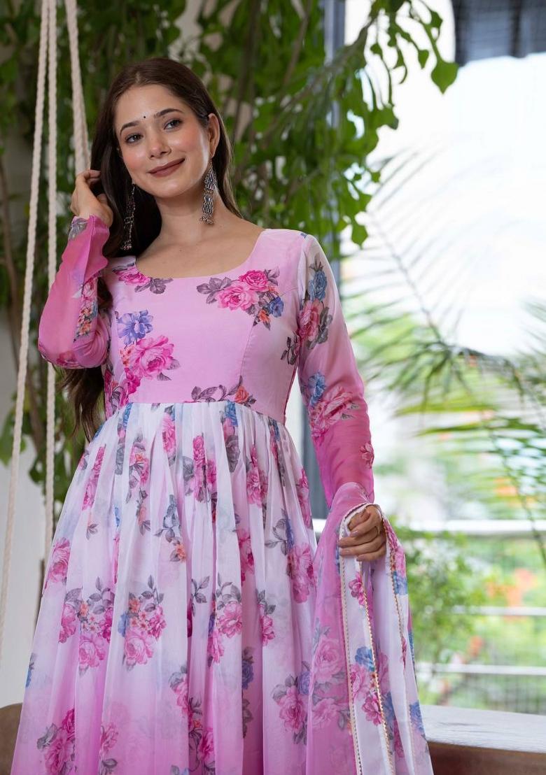 Pink Floral Print Organza Anarkali Suit - Indya