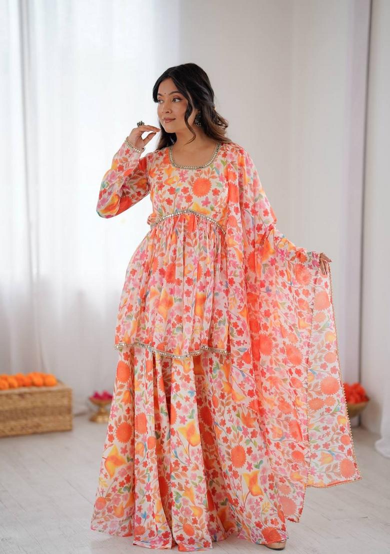 Coral Peach Mirror Work Organza Kurta Set - Indya