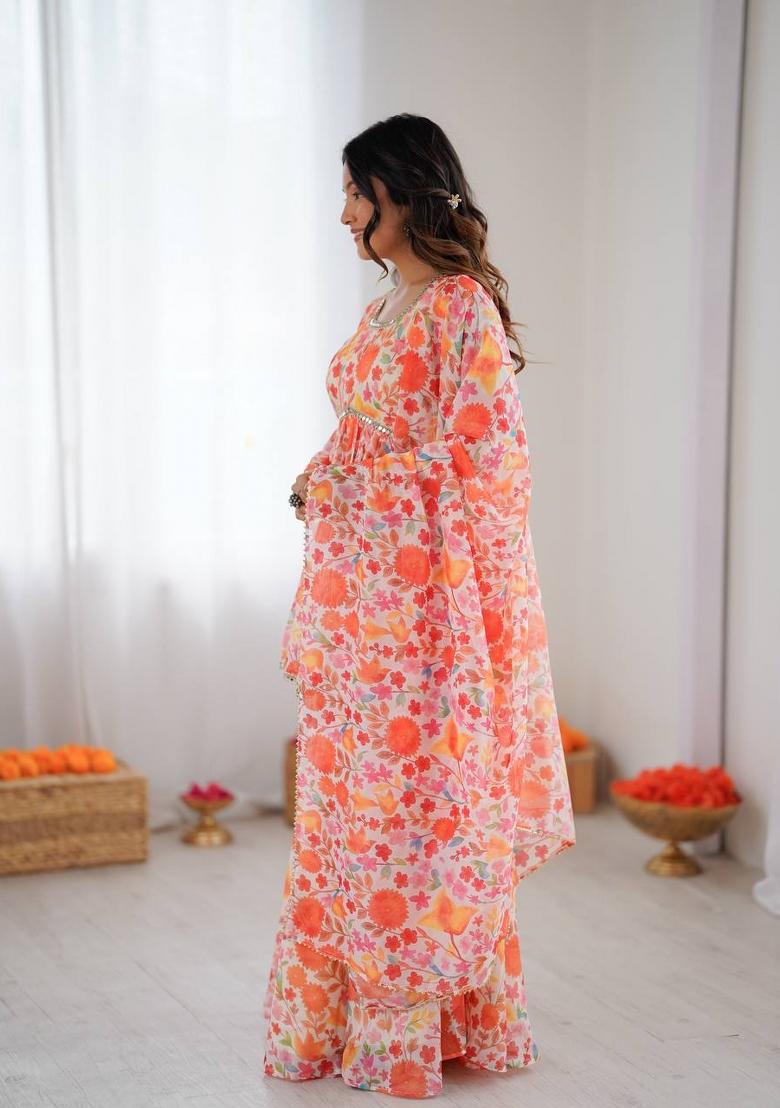 Coral Peach Mirror Work Organza Kurta Set - Indya