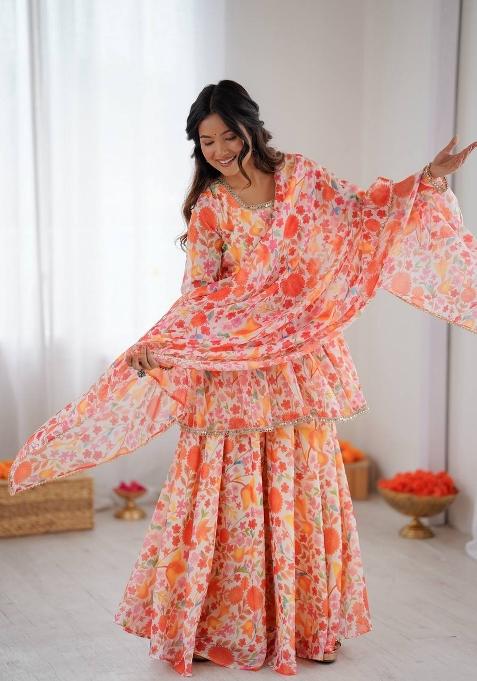 Coral Peach Mirror Work Organza Kurta Set