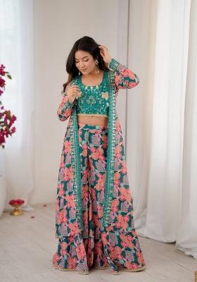 Teal Green Embroidery Muslin Sharara Set