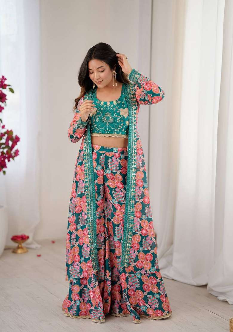 Teal Green Embroidery Muslin Sharara Set - Indya