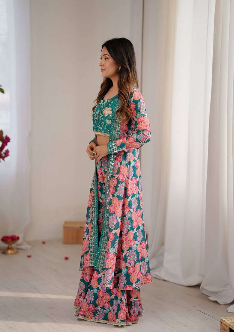 Teal Green Embroidery Muslin Sharara Set - Indya