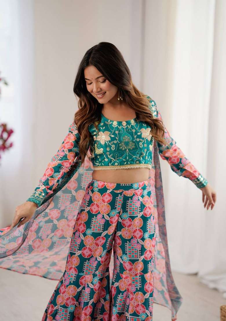 Teal Green Embroidery Muslin Sharara Set - Indya