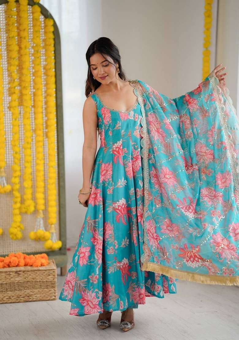 Teal Blue Floral Print Muslin Anarkali Suit - Indya
