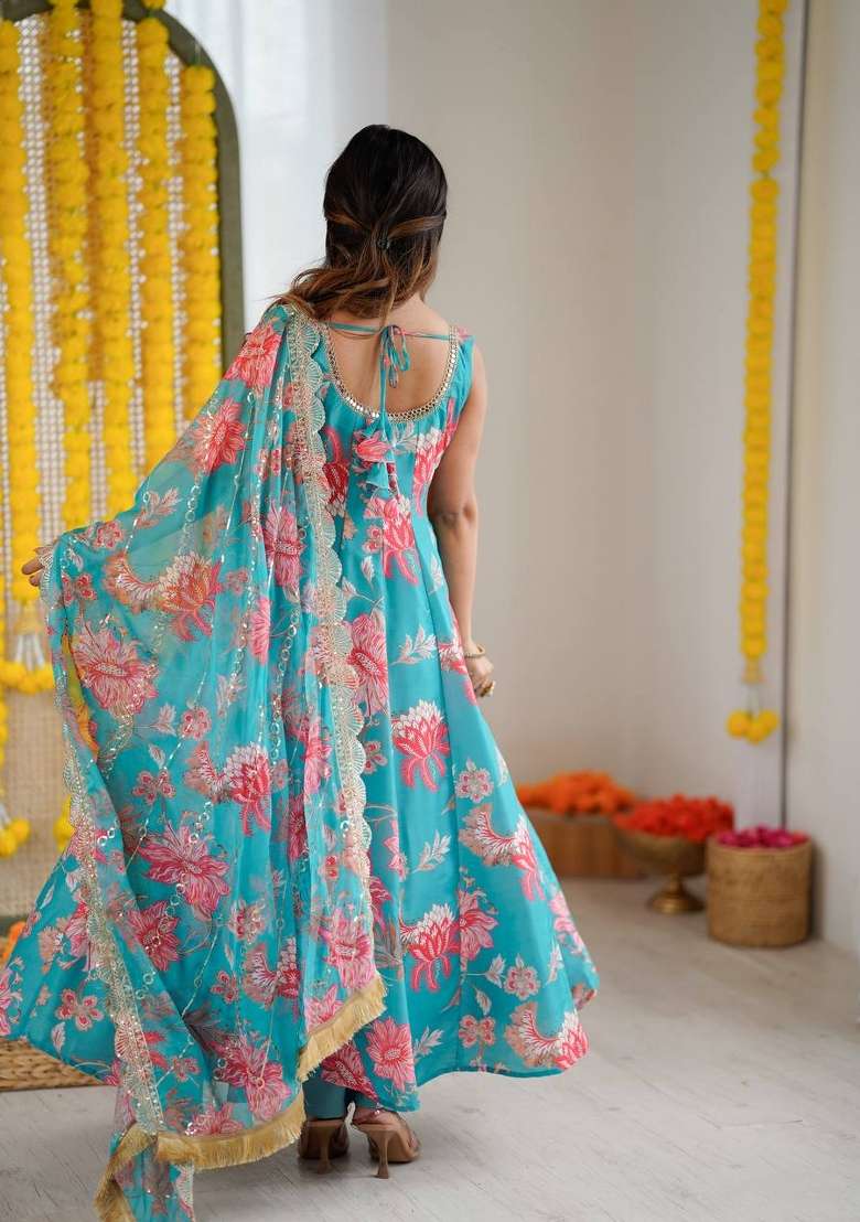 Teal Blue Floral Print Muslin Anarkali Suit - Indya