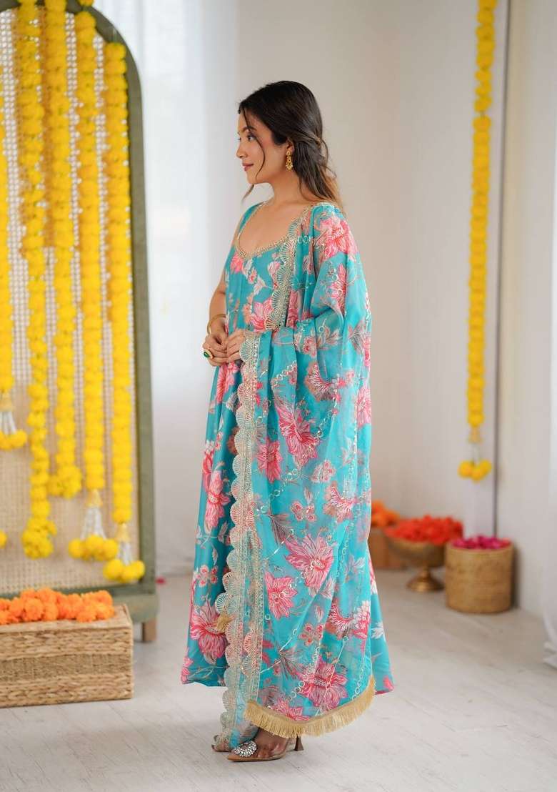 Teal Blue Floral Print Muslin Anarkali Suit - Indya
