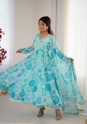 Sky Blue Floral Print Georgette Anarkali Suit