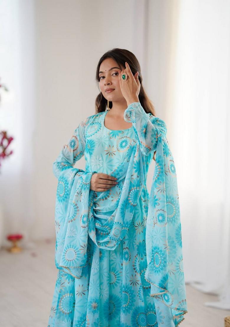 Sky Blue Floral Print Georgette Anarkali Suit - Indya