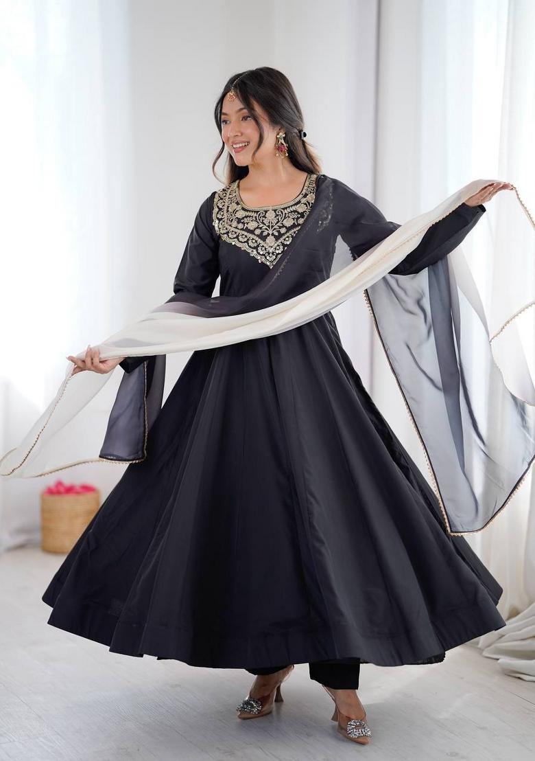 Black Embroidery Crepe Anarkali Suit - Indya