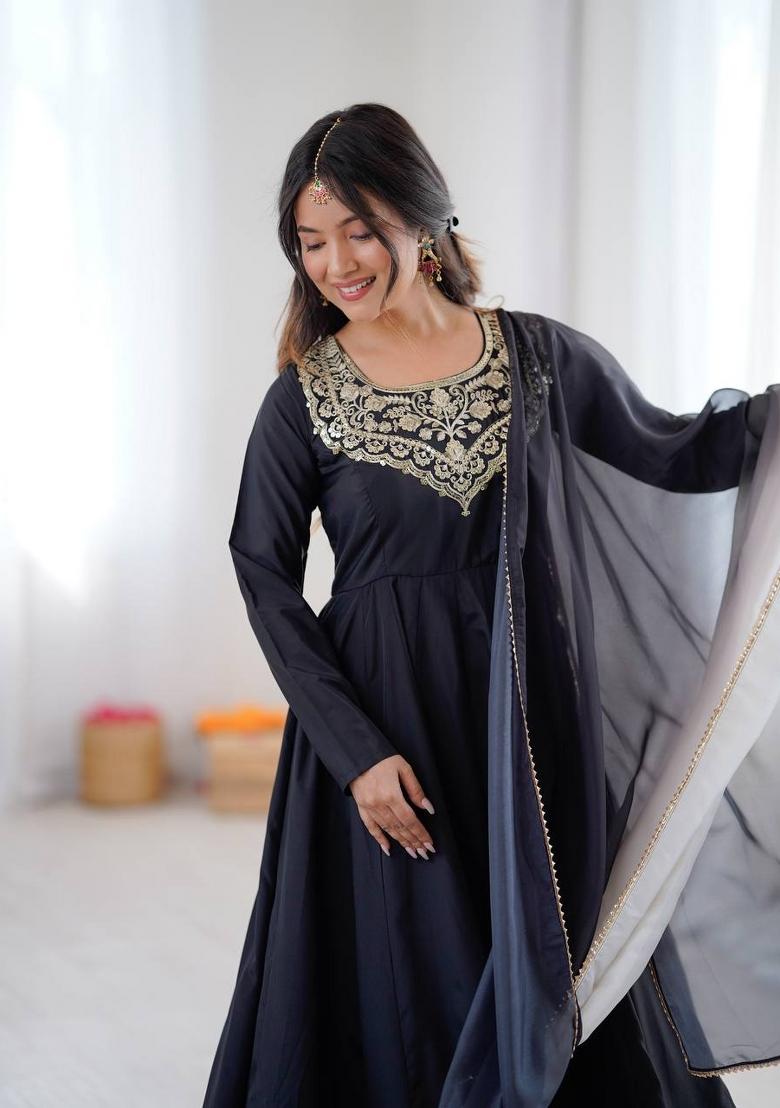 Black Embroidery Crepe Anarkali Suit - Indya