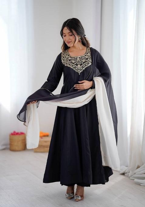 Black Embroidery Crepe Anarkali Suit