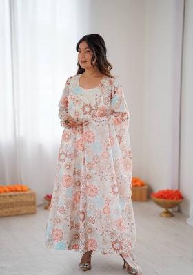 Ivory Floral Print Organza Anarkali Suit