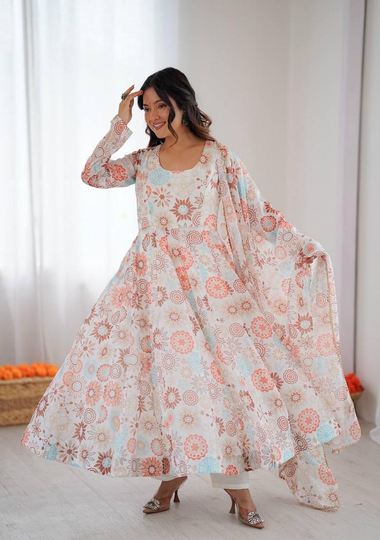 Ivory Floral Print Organza Anarkali Suit - Indya