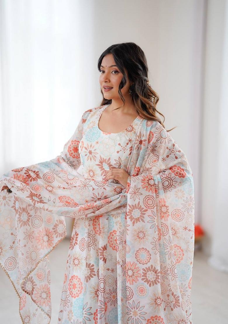 Ivory Floral Print Organza Anarkali Suit - Indya