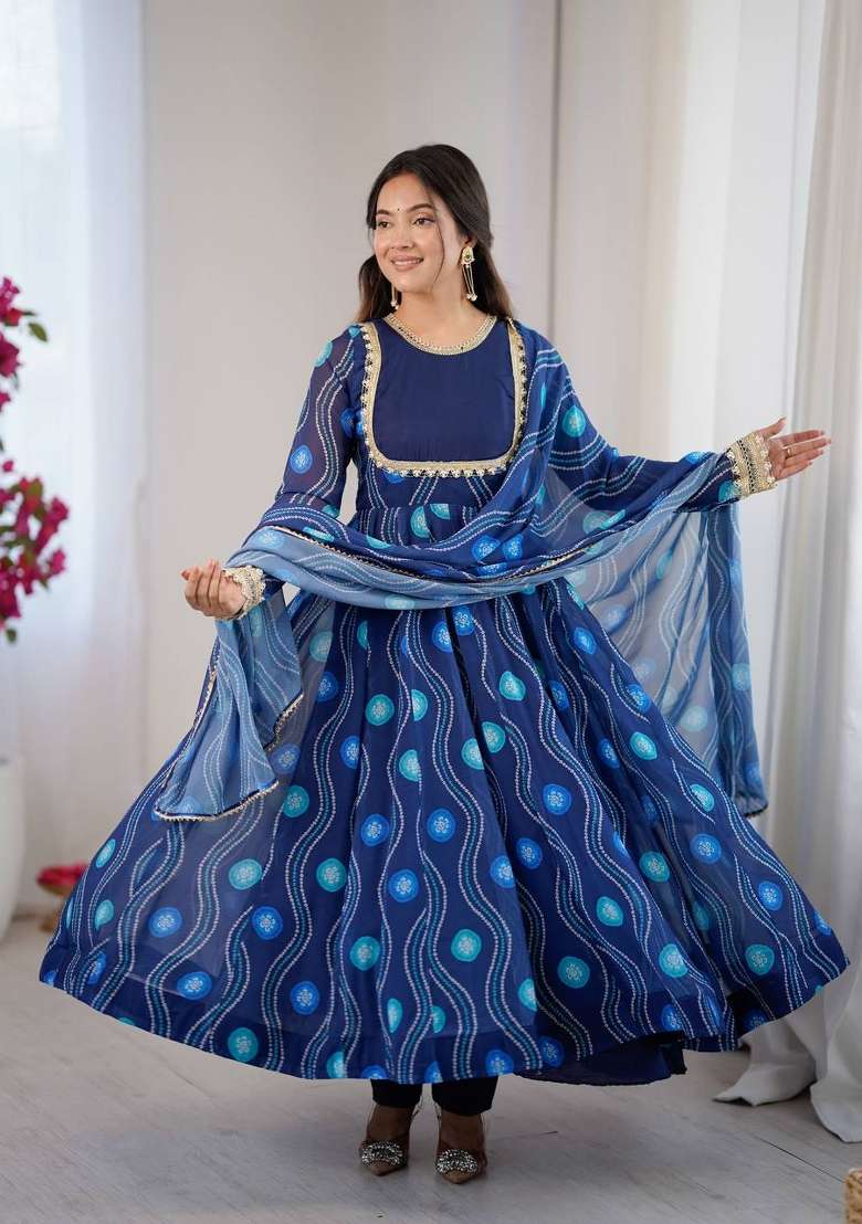 Navy Blue Printed Georgette Anarkali Suit - Indya
