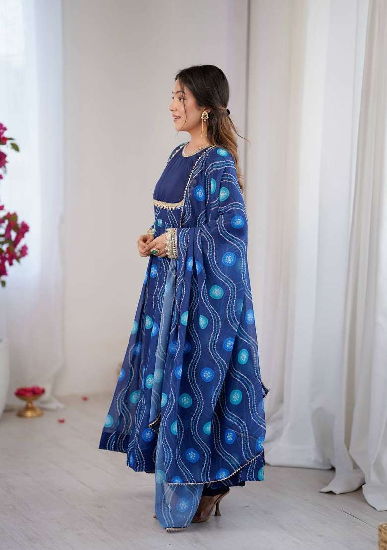 Navy Blue Printed Georgette Anarkali Suit - Indya