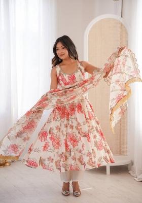 Off White Floral Print Muslin Anarkali Suit
