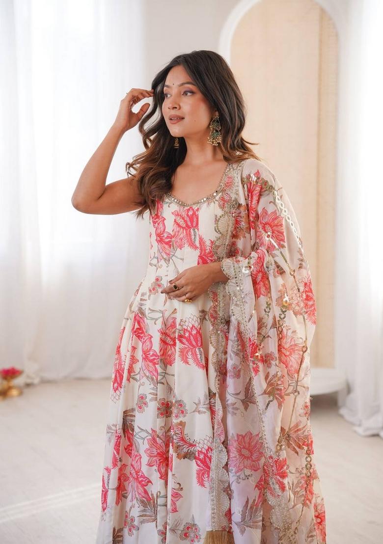 Off White Floral Print Muslin Anarkali Suit - Indya