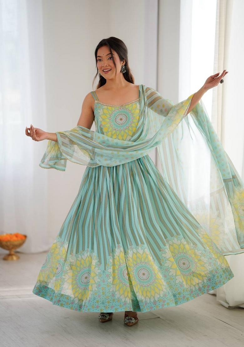 Mint Green Printed Georgette Anarkali Suit - Indya