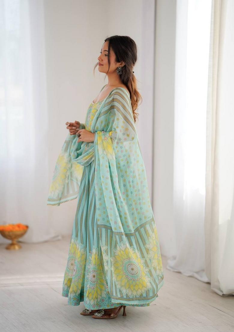 Mint Green Printed Georgette Anarkali Suit - Indya