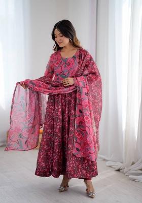 Maroon Printed Organza Anarkali Suit