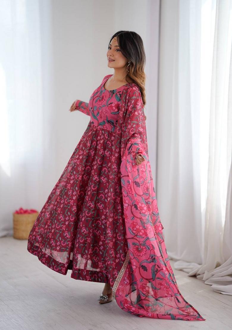 Maroon Printed Organza Anarkali Suit - Indya