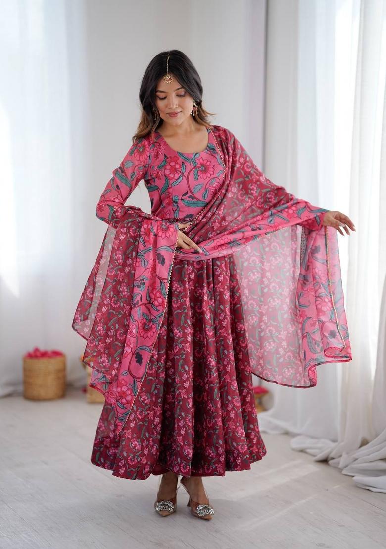 Maroon Printed Organza Anarkali Suit - Indya